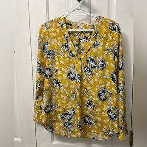 J.Crew Yellow Floral Blouse Long Sleeve V-Neck Top Size Small